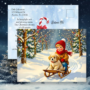 Ouderwetse kerstscene, jongen op slee met puppy feestdagenkaart