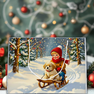 Ouderwetse Kerstscène, Jongen op slee met puppy Groot Cadeauzakje