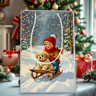 Ouderwetse kerstscene, jongen op slee met puppy medium cadeauzakje