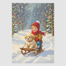 Ouderwetse kerstscene, jongen op slee met puppy