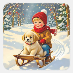 Ouderwetse Kerstscène, Jongen op slee met puppy Vierkante Sticker