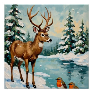 Ouderwetse Kerstscène met Herten en Roodborstjes Perfect Poster