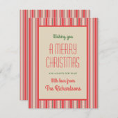 Ouderwetse kerststreep  roze & rood feestdagenkaart (Voorkant / Achterkant)