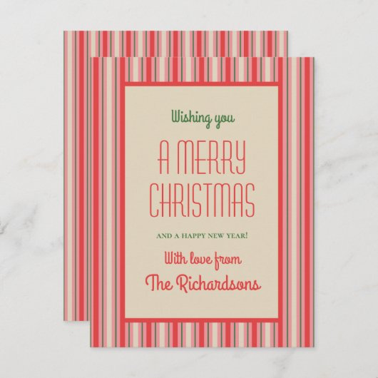 Ouderwetse kerststreep  roze & rood feestdagenkaart (Voorkant / Achterkant)