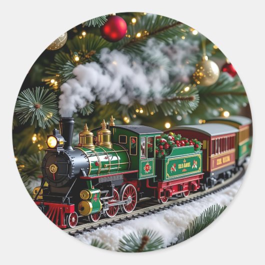 Ouderwetse kersttrein onder de boom ronde sticker (Voorkant)