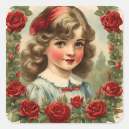 Ouderwetse kleine meid met rozen vierkante sticker