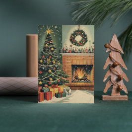 Ouderwetse knusse kerst woonkamer versierde boom feestdagenkaart