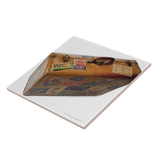 ouderwetse koffer met reissticker tegeltje (Zijkant)