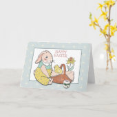 Ouderwetse Konijn en Kuiken Pasen Kaart (Gele Bloem)