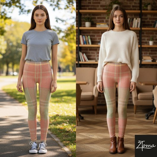 Ouderwetse koraal sagegroene ruittextuur leggings