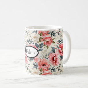 Ouderwetse koraalroze bloemen koffiemok