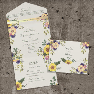 Ouderwetse Landelijke Boho Zonnebloemen Bruiloft All In One Uitnodiging