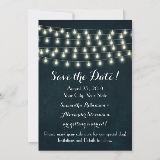 Ouderwetse Landelijke Slingerlichtjes Navy Blauwe  Save The Date (Voorkant)