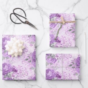 Ouderwetse lavendel zilveren bloemendamask patroon inpakpapier vel
