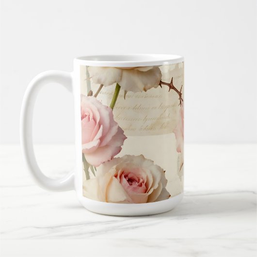 Ouderwetse lichtroze roos script patroon koffiemok (Links)