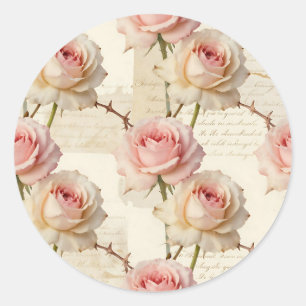 Ouderwetse lichtroze roos script patroon ronde sticker