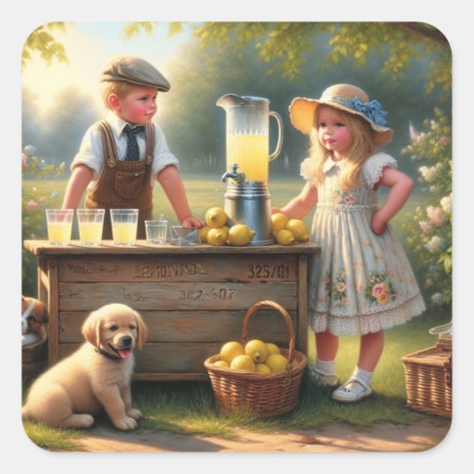 Ouderwetse limonade stand ouderwetse zomer vierkante sticker (Voorkant)