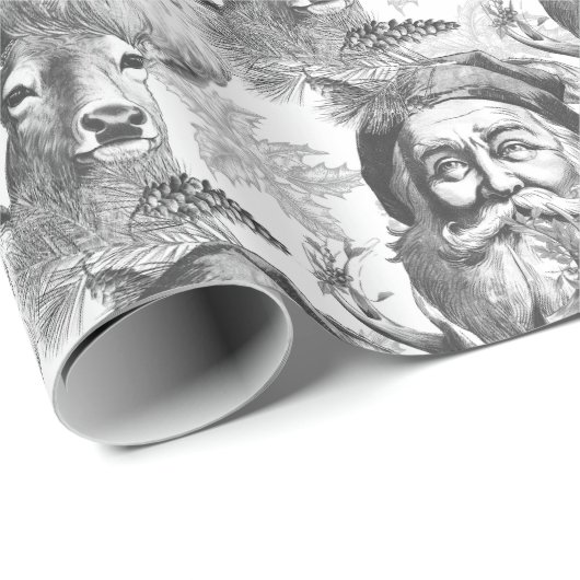 Ouderwetse lithografie Santa en rendier zwart Cadeaupapier (Rol Hoek)