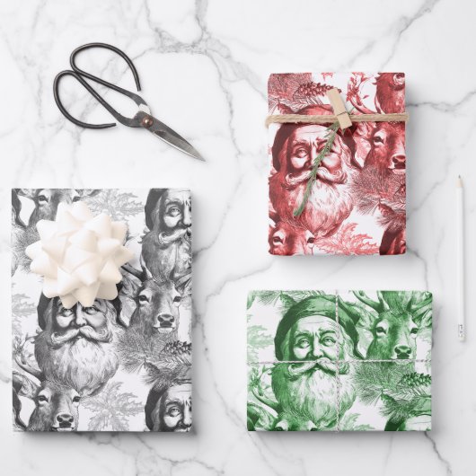 Ouderwetse lithografie Santa en rendieren Inpakpapier Vel (Voorkant)