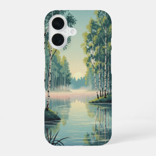 Ouderwetse meer omringd door berkenbomen iPhone 16 hoesje