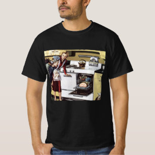 Ouderwetse moeder in de keuken die een paasham koo t-shirt