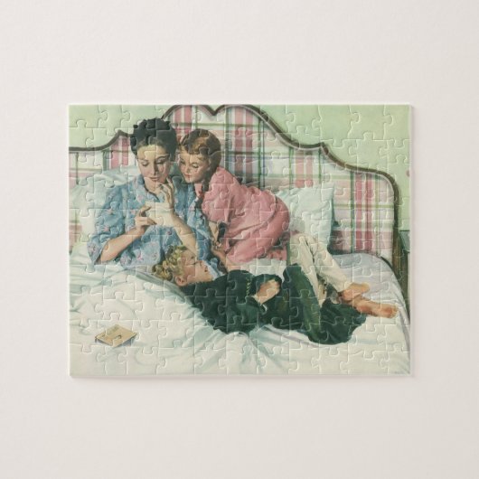 Ouderwetse Moederdag, kinderen lezen kaarten in be Legpuzzel (Horizontaal)