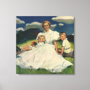 Ouderwetse Moederdag, moeder met kinderen Canvas Afdruk