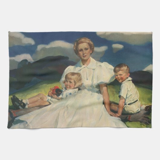 Ouderwetse Moederdag, moeder met kinderen Theedoek (Horizontaal)