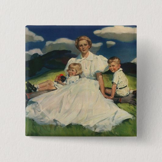 Ouderwetse Moederdag, moeder met kinderen Vierkante Button 5,1 Cm (Voorkant)