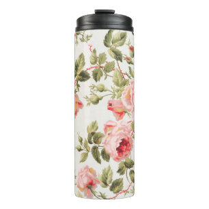 Ouderwetse mooie roze rozen bloempatroon thermosbeker
