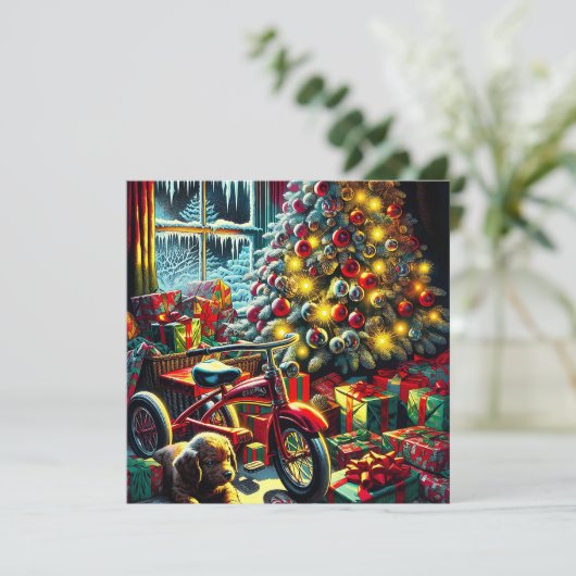 Ouderwetse nostalgische kerstmorgen feestdagenkaart (Staand voorkant)