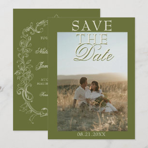 Ouderwetse Olijfgroene Foto Oude-Money Huwelijk Save The Date