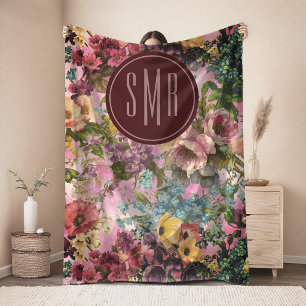 Ouderwetse paarse bloemige roze patroon monogram fleece deken