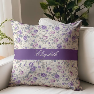 Ouderwetse Paarse Roze Bloemrijke Script Monogram  Kussen