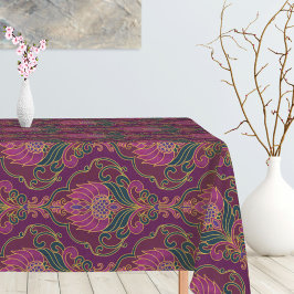 Ouderwetse paarse, turquoise en gouden bloempatroo tafelkleed