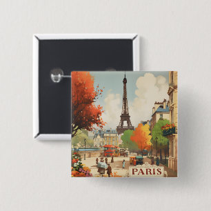 Ouderwetse Parijse Eiffeltoren Straatscène Vierkante Button 5,1 Cm