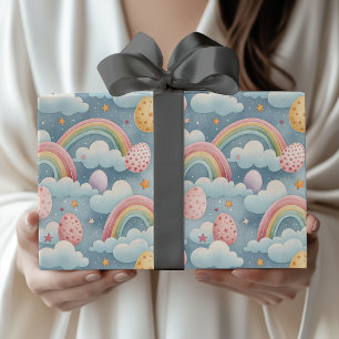 Ouderwetse Pastel Regenboog Paaseieren met Wolken Cadeaupapier