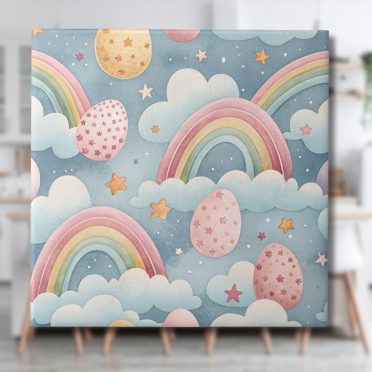 Ouderwetse Pastel Regenboog Paaseieren met Wolken Tegeltje