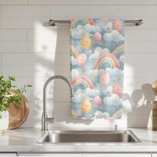 Ouderwetse Pastel Regenboog Paaseieren met Wolken Theedoek