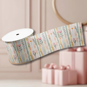 Ouderwetse Pastel Waterverf Bloem Strepen Satijnen Lint