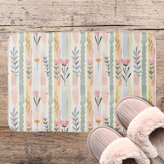 Ouderwetse Pastel Waterverf Bloemstrepen Badmat