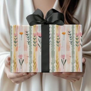 Ouderwetse Pastel Waterverf Bloemstrepen Cadeaupapier