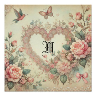 Ouderwetse Pastel Waterverf Boho Bloemhartjes Perfect Poster