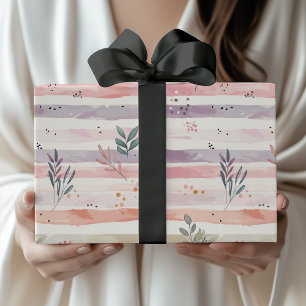 Ouderwetse Pastel Waterverf Strepen Bladeren Cadeaupapier