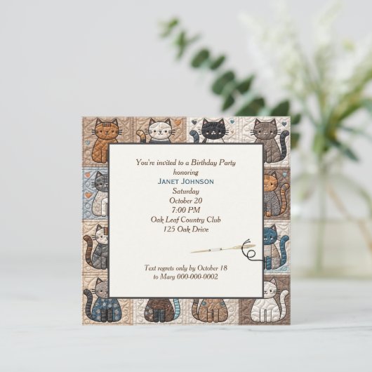 Ouderwetse Patchwork Cat Quilt Kaart (Staand voorkant)