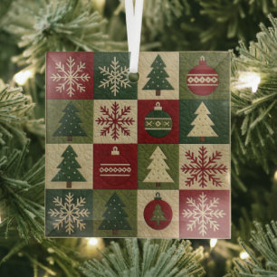 Ouderwetse, patchwork quilted look rustische Kerst Glas Ornament