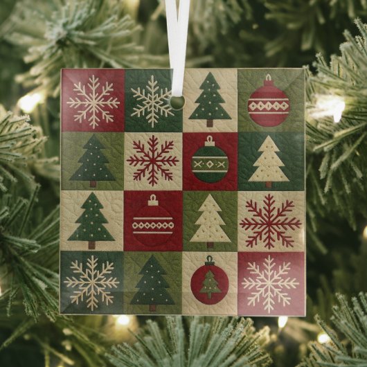 Ouderwetse, patchwork quilted look rustische Kerst Glas Ornament (Insitu)