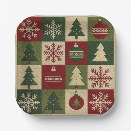 Ouderwetse, patchwork quilted look rustische Kerst Papieren Bordje (Voorkant)