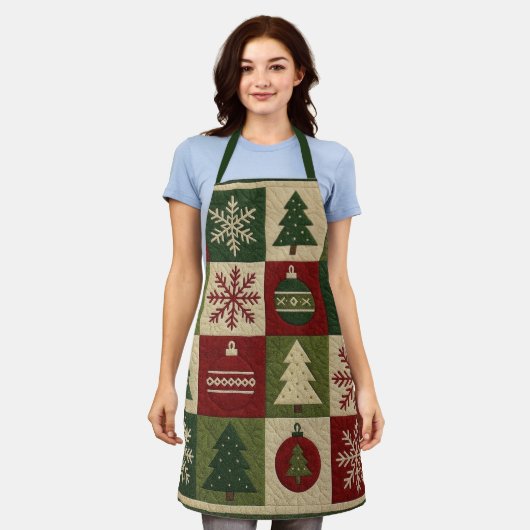 Ouderwetse, patchwork quilted look rustische Kerst Schort (Gedragen)