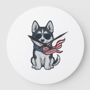 Ouderwetse Patriottische Husky Puppy Vector Design Grote Klok